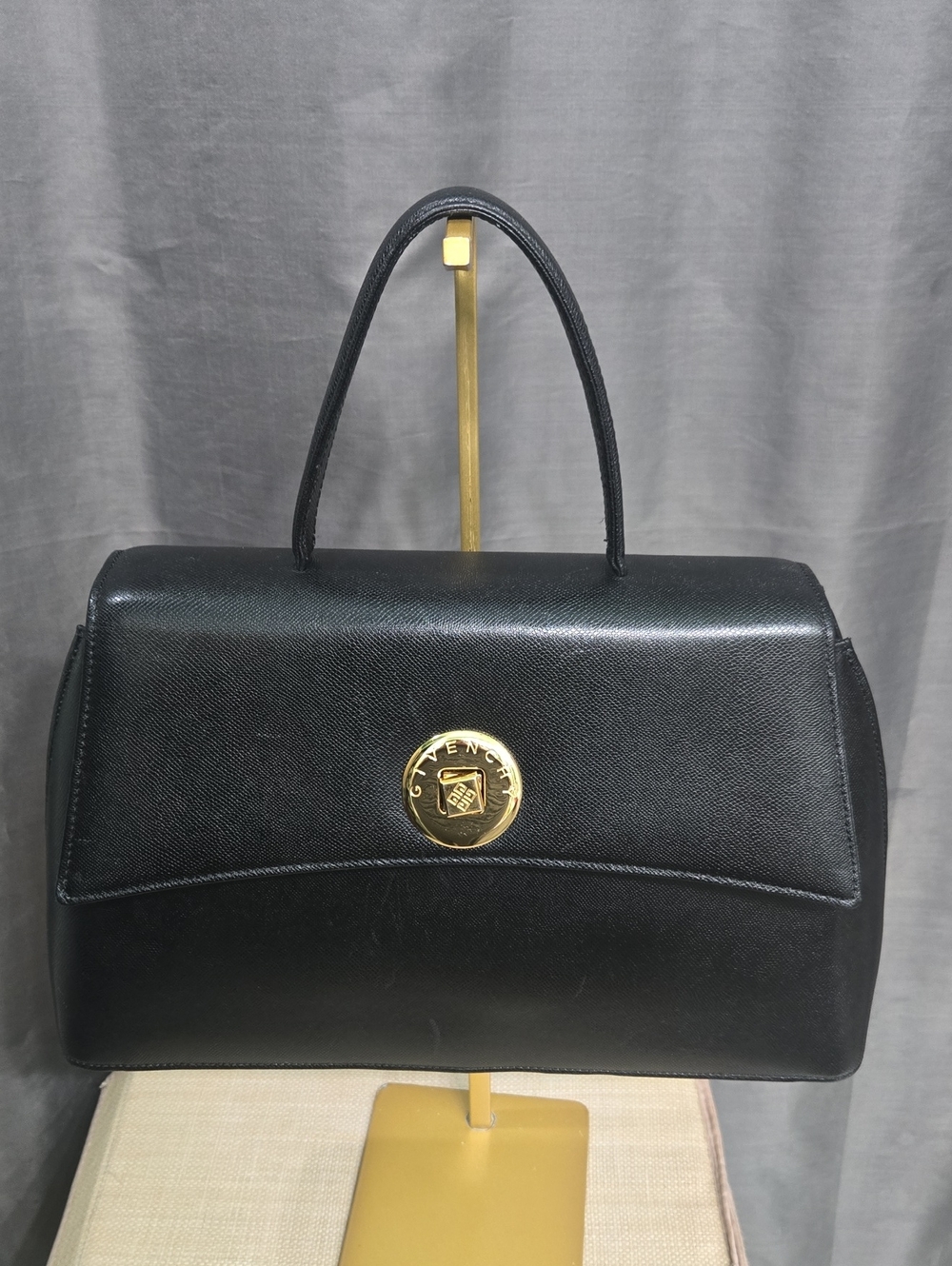 Givenchy Vintage Black Leather Satchel with Gold Medallion